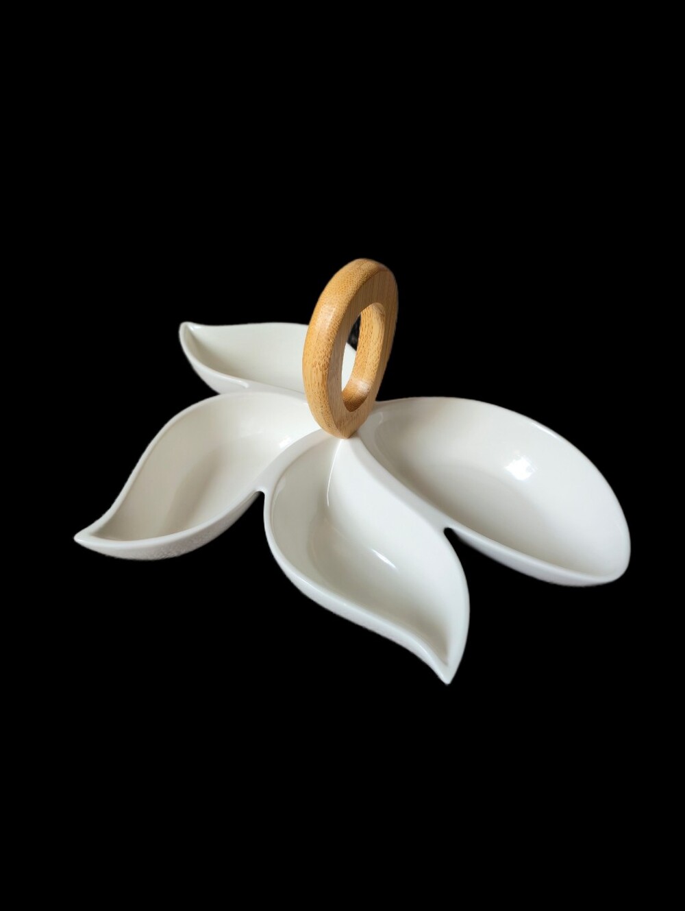 Brandani Italian White Porcelain 4-Leaf Divided Appetizer Dish w/ Bamboo Handle